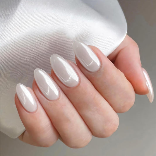 Pearl White Chrome Press on Nails Medium Long Almond, KQueenest Ice Iridescent Stiletto Fake Acrylic Nails With Holographic Mirror Effect, Cute Glue on Nails False Nails Press ons in24PCS