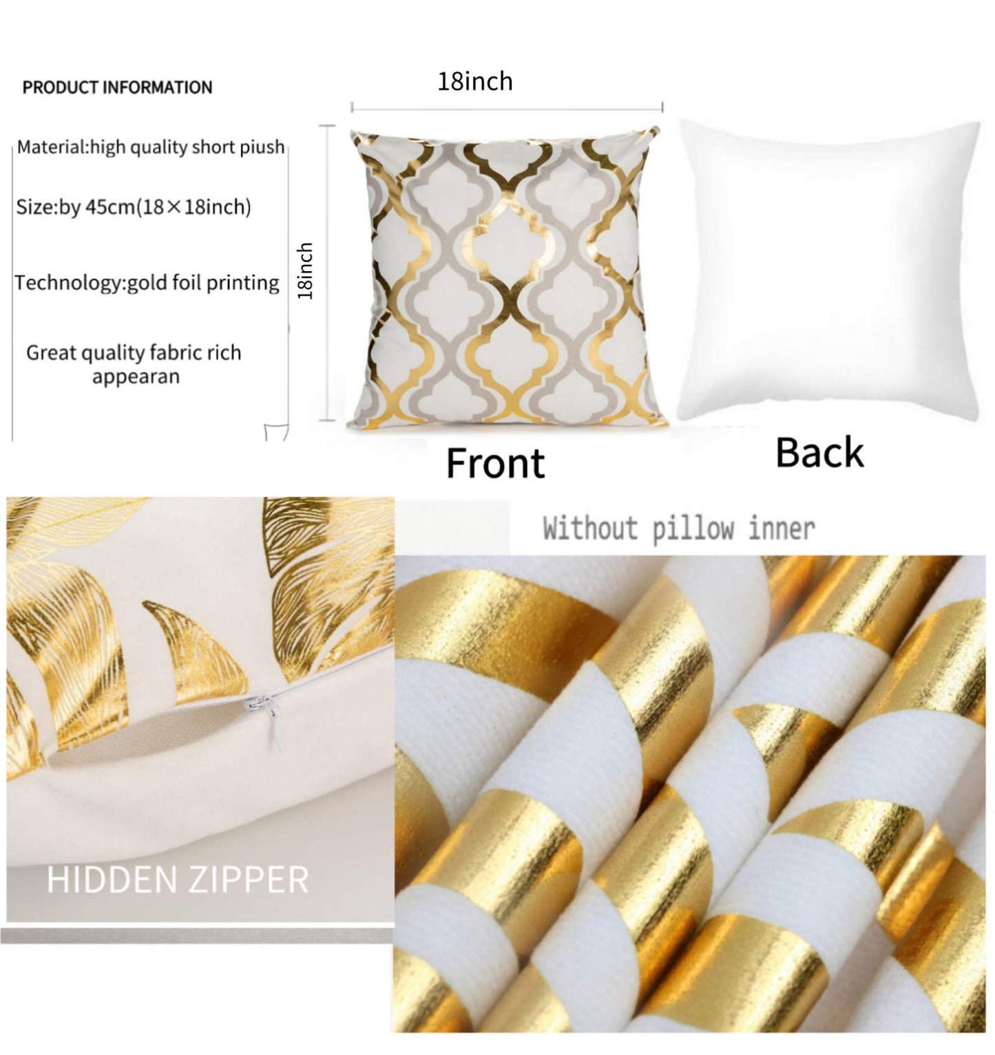 ZLINA Home Decorative Set of 4 Throw Pillow Covers Gold Foil Pillow Covers 18 ×18 Inch Geometric Square Cushion Covers Decor Couch Sofa Bedroom（White and Gold ）