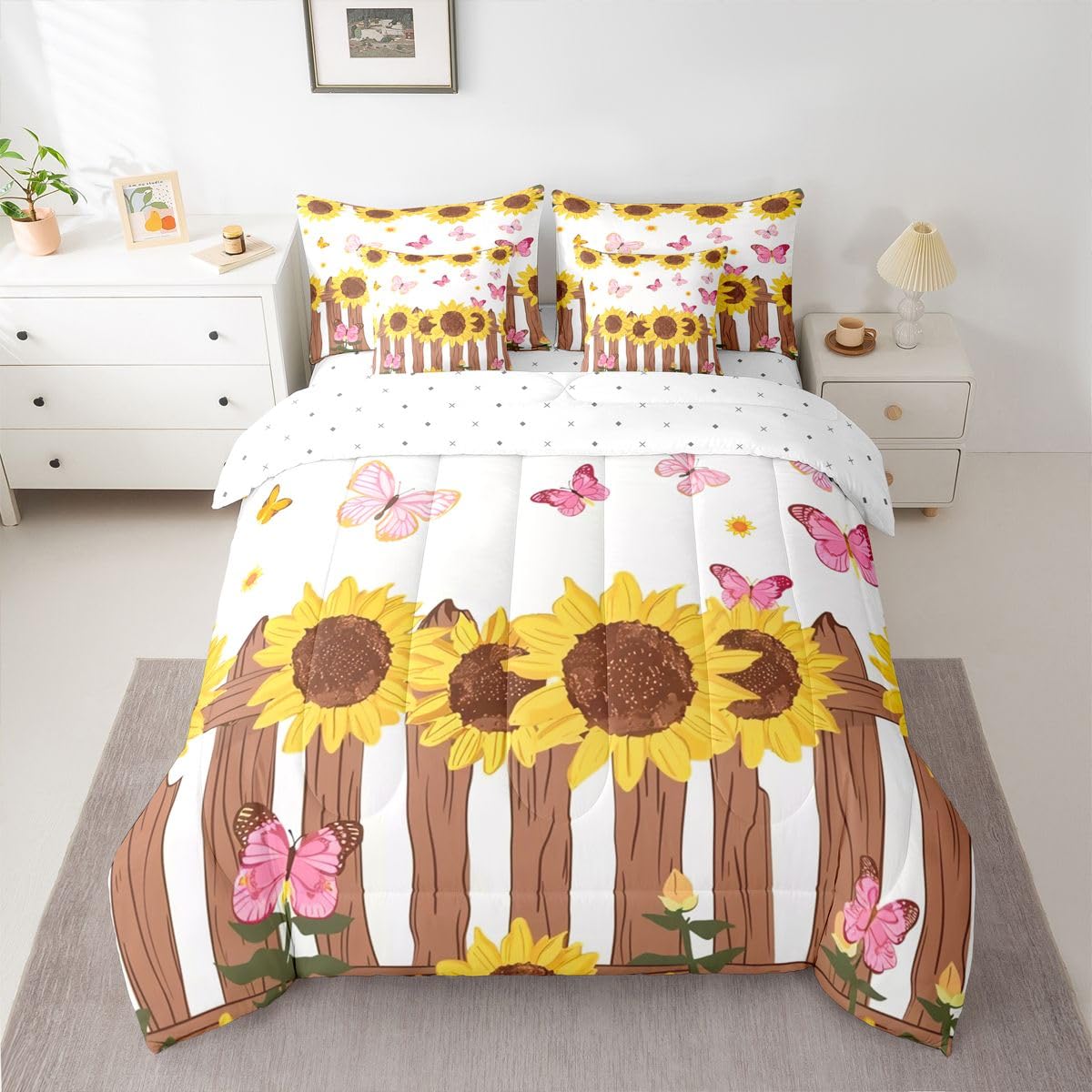 Erosebridal Sunflower 7 Piece Bedding Set Twin Butterflies Comforter Set with Sheets Cute Pink Butterfly Farmhouse Cartoon for Kids Boys Girls Yellow Petals Bud Wooden Fence Bed in a Bag