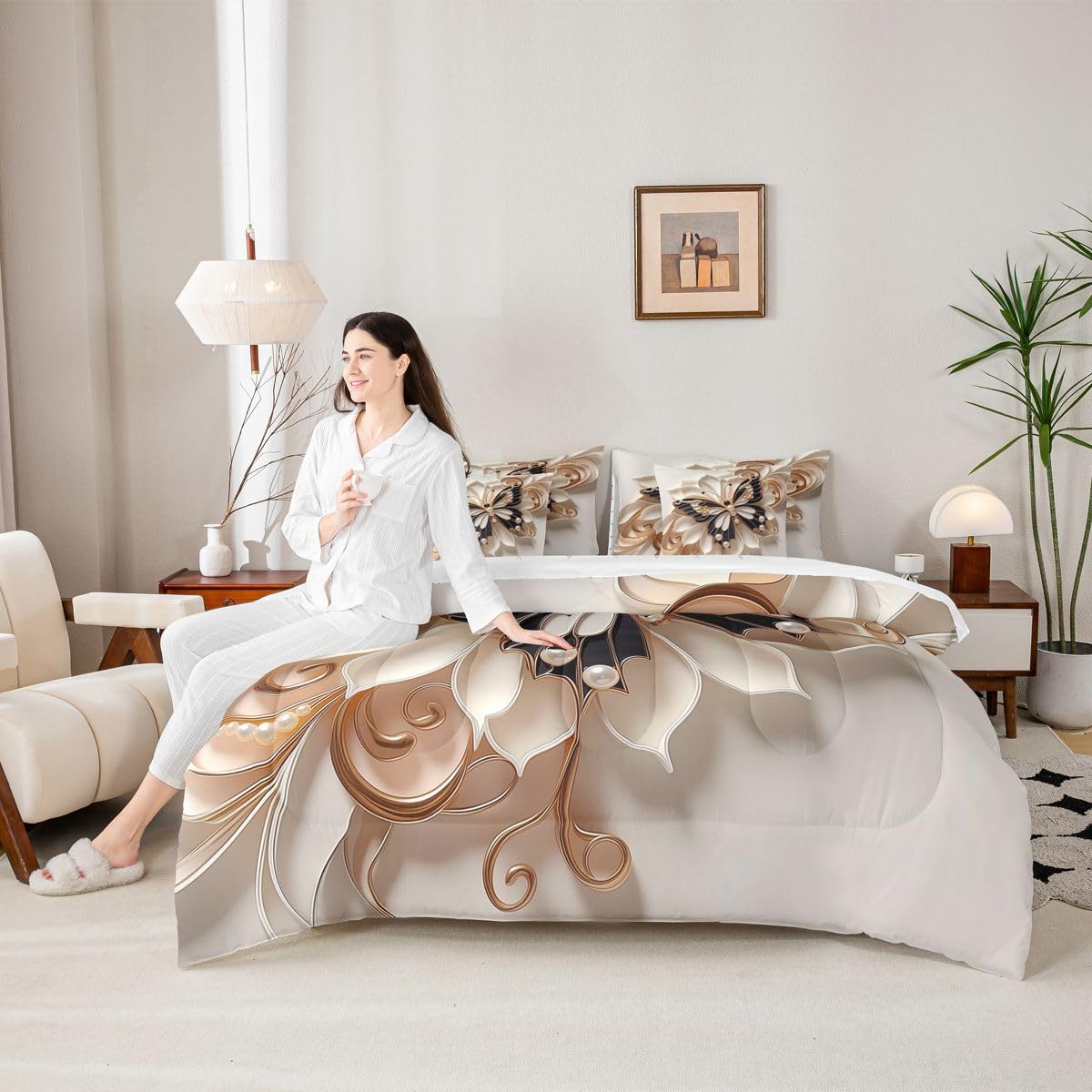 Erosebridal Luxury Butterflies Print 7 Piece Bedding Set Twin Floral Butterfly Print Comforter Set with Sheets Gold Dreamy Bed in a Bag 3D Pearl Flower Bed Sets Comforter