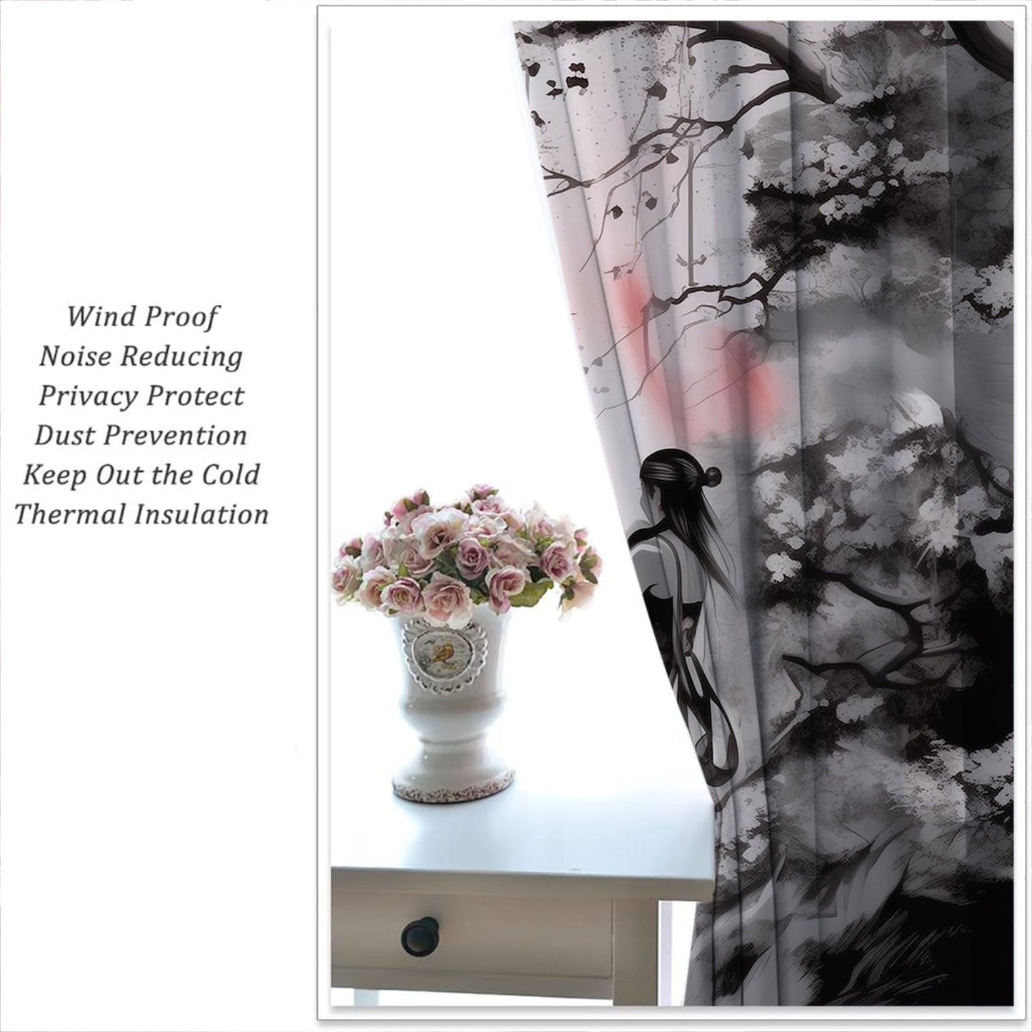 LHROOMJK Japanese Animation Rod Pocket Blackout Curtains for Boy Girl Bedroom, Black White Ink Abstract Art Thermal Insulated Home Window Drapes for Living Room Darkening, 42x45 inch