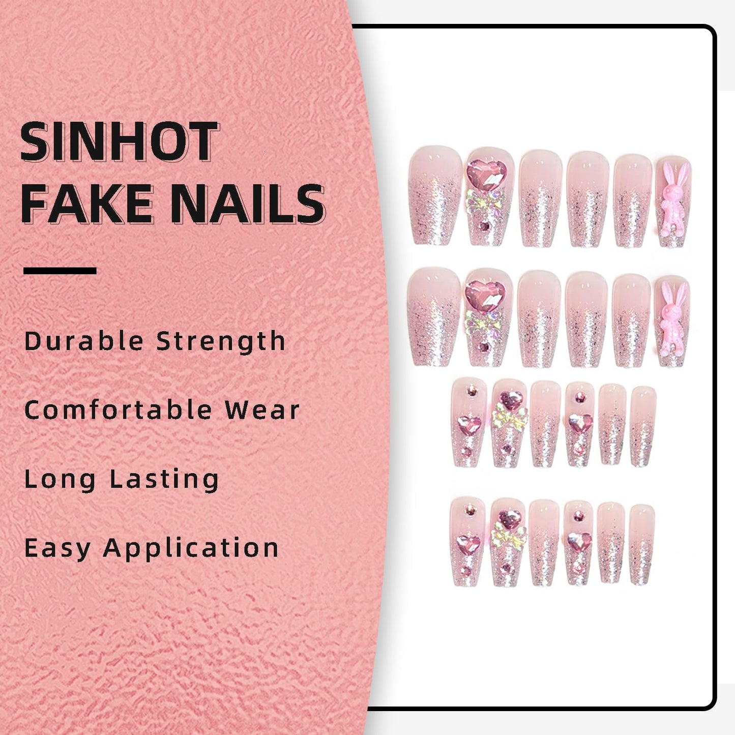 SINHOT Luxury Press on Nails - Long Coffin Fake Nails 3D Handmade Rabbit & Pink Heart Reusable False Nails with Rhinestone Designs,DIY Artificial Nail Art, 24pcs