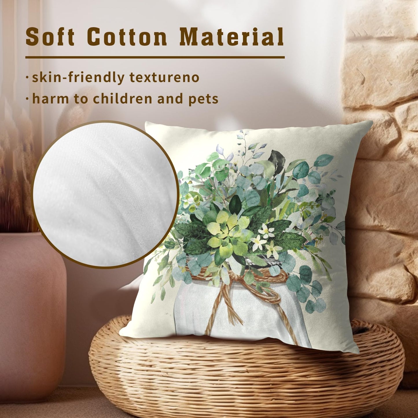 Mweet Watercolor Eucalyptus Leaves Pillow Covers Set of 2, 16x16 Inch Spring Summer Natural Green Plant Floral Cotton Square Pillow Case Soft Cushion Cover for Couch Sofa Living Room