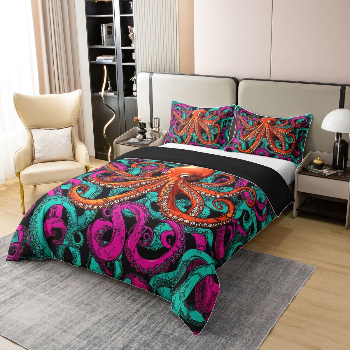 Erosebridal Octopus 100% Cotton Duvet Cover Twin Size Sea Life Bedding Set Ocean Animal Comforter Cover for Kids Teens Adult Reptile Bedspread Cover Underwater World Oasis Quilt Cover, Red