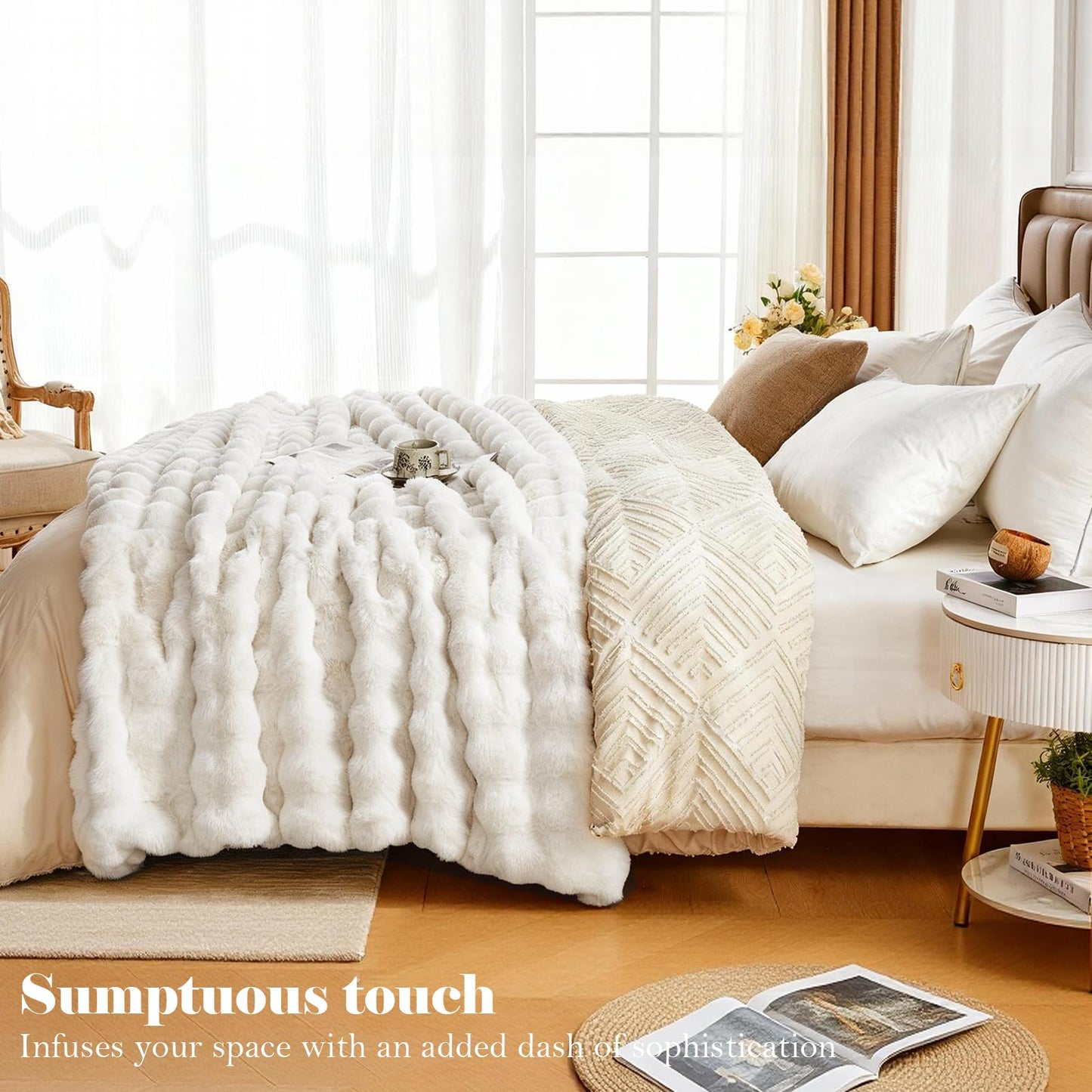 Faux Fur Throw Blanket for Couch, 1000 GSM Cozy Fuzzy Fluffy Soft Plush Thick Bubble Sherpa Blanket for Sofa Bedroom Living Room, Mothers Day Birthday Gifts for Women Home Decor