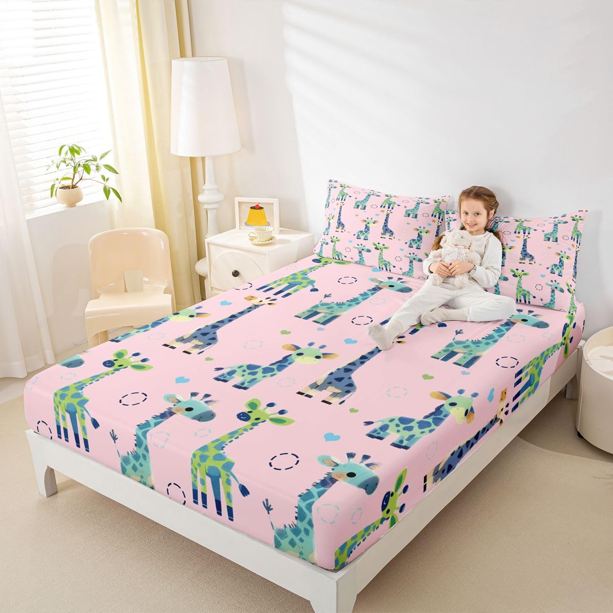 Erosebridal Giraffe Bed Sheets Full Pink and Green Geometric Sheet Set for Kids Boys Girls Cartoon Kawaii Sheets Wild Animal Flat Fitted Sheet 3 Pcs
