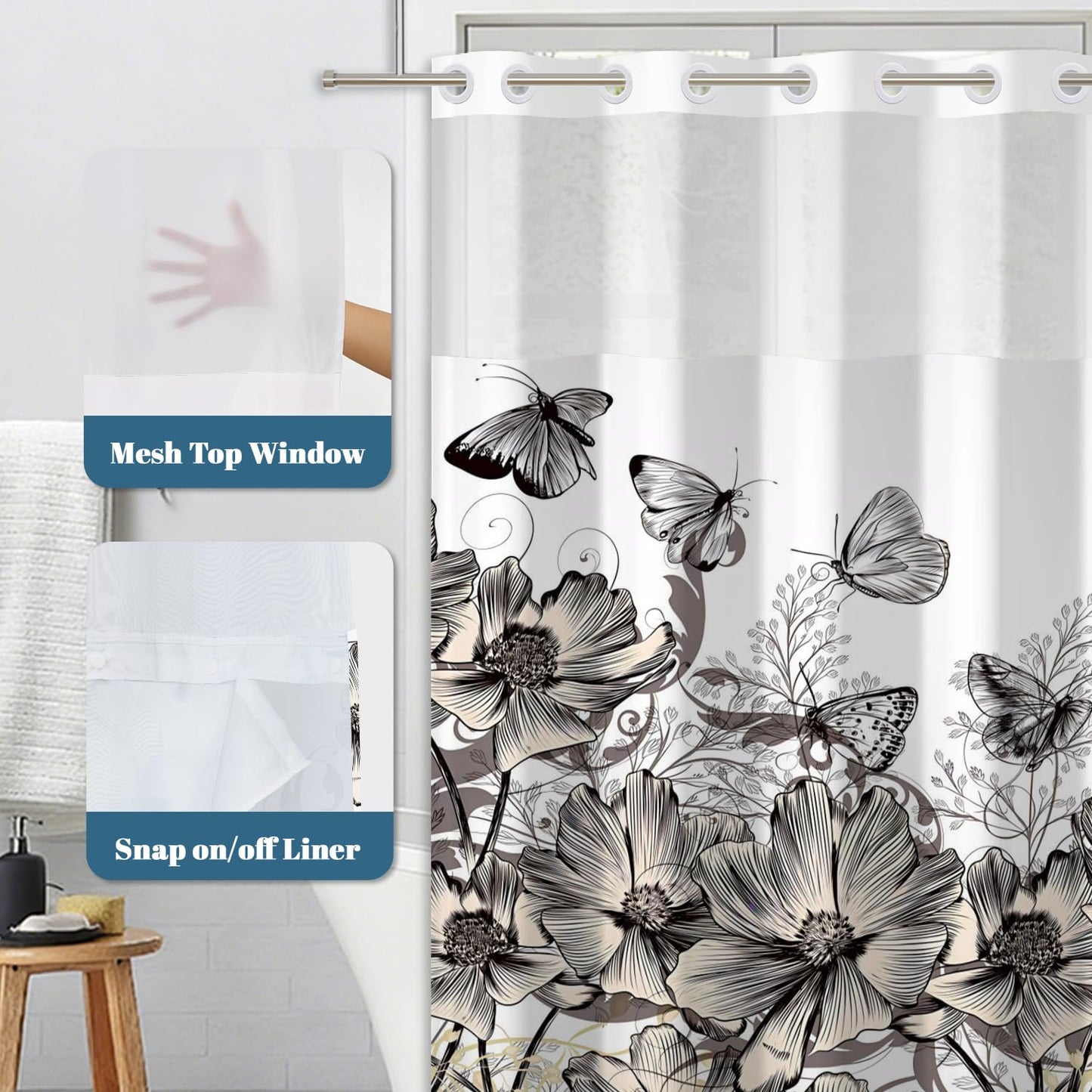 Xiazhilaio Butterfly Floral Shower Curtain with Snap in Liner, Waterproof Double Layer Bath Curtain with Mesh Top Window - Artistic Botanical Design for Farmhouse, Boho & Modern Bathroom, 71″W x 74″L