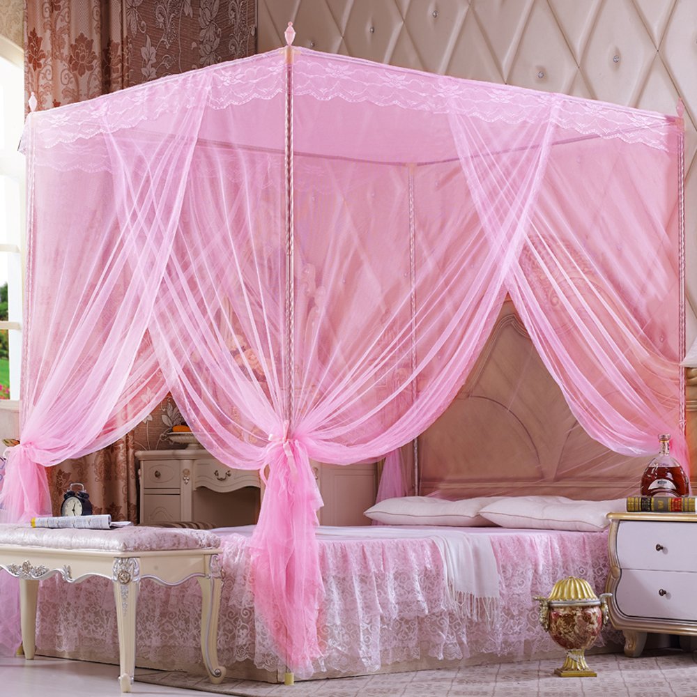 Nattey 4 Corners Post Pink Canopy Bed Curtain Full Bed for Girls & Adults - 4 Opening Mosquito Net - Princess Bedroom Decoration