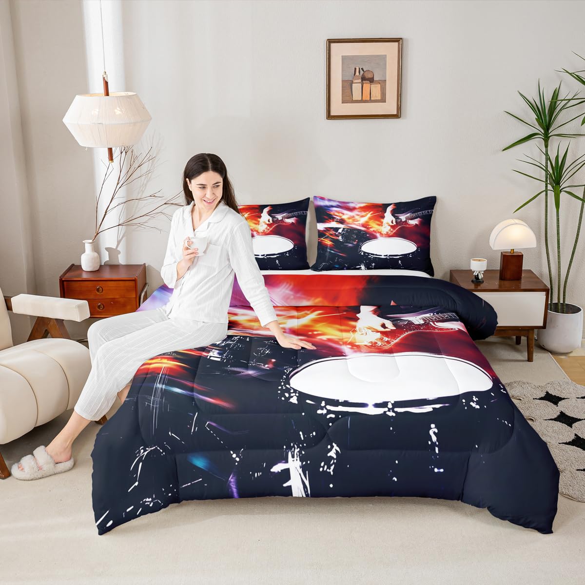 Erosebridal Guitar Drum Kit Comforter Set Queen Rock Musical Instruments Bedding Set Music Theme Comforter for Kids Boys Girls,Rock Music Lovers Quilt Duvet