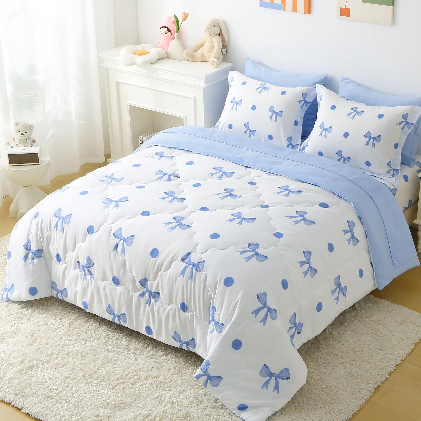 Wajade 7 Piece Blue Bow Comforter Set for Girls Kids Queen Size Bedding Set with Sheet and 2 Pillowcases 2 Pillow Shams Cute Girls Bed in a Bag as Birthday Choice