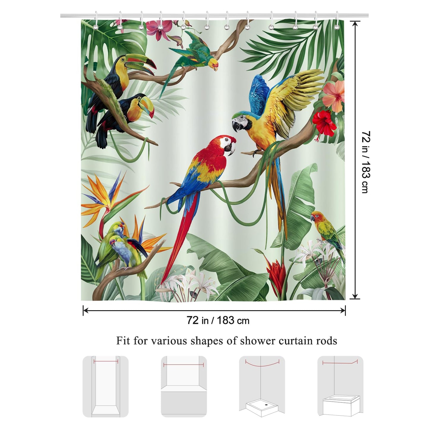 Bonhause Tropical Bird Shower Curtain, Parrot Toucan Palm Leaves Jungle Bathroom Decor 72 x 72 Inch Polyester Fabric Waterproof Bath Curtain with 12 Hooks