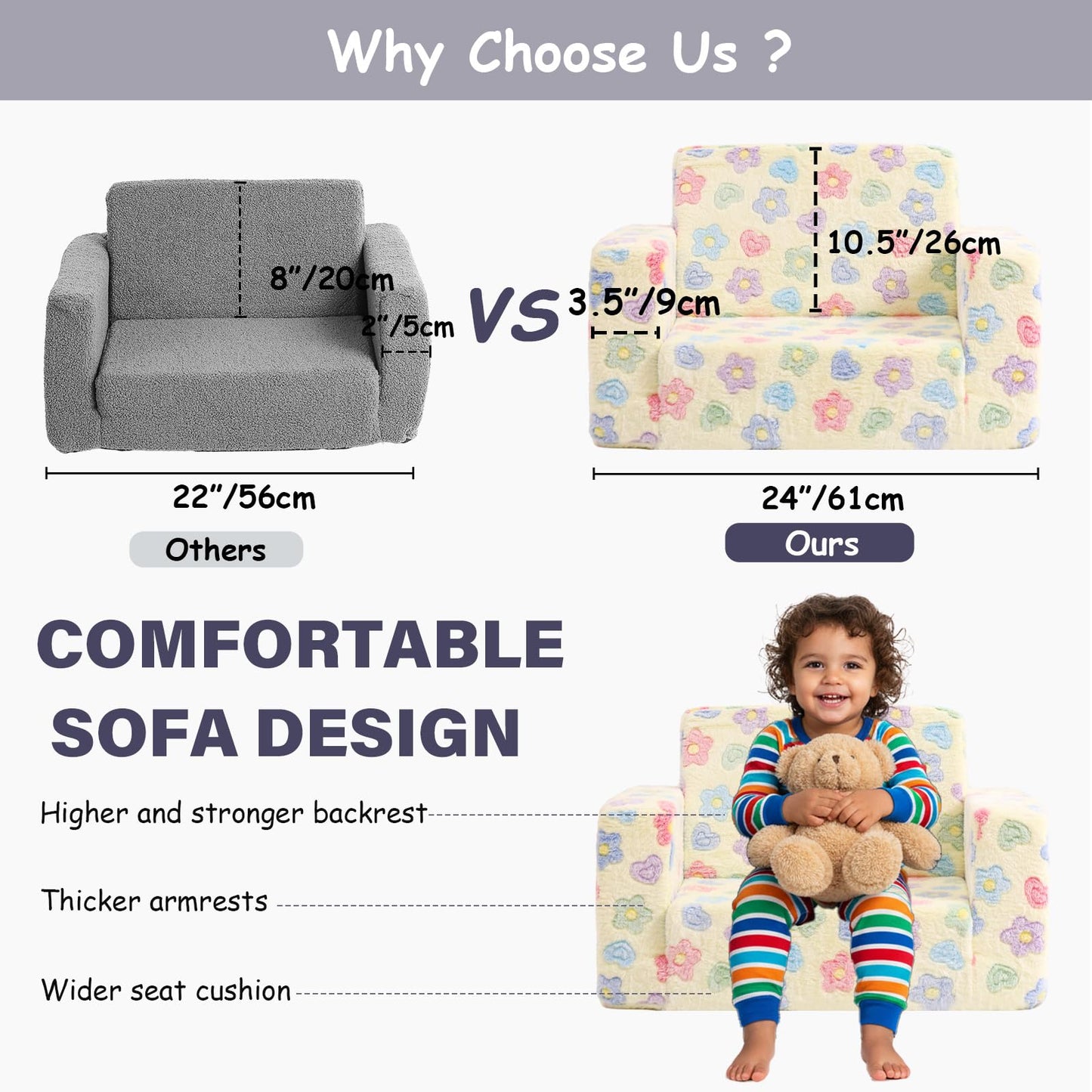 Tiita 2-in-1 Kids Sofa, Convertible Children Couch to Lounger, Flip Out Kids Chair, Toddler Armrest Chair Bed, Folding Kid Play Sofa for Girl or Boy, Flower