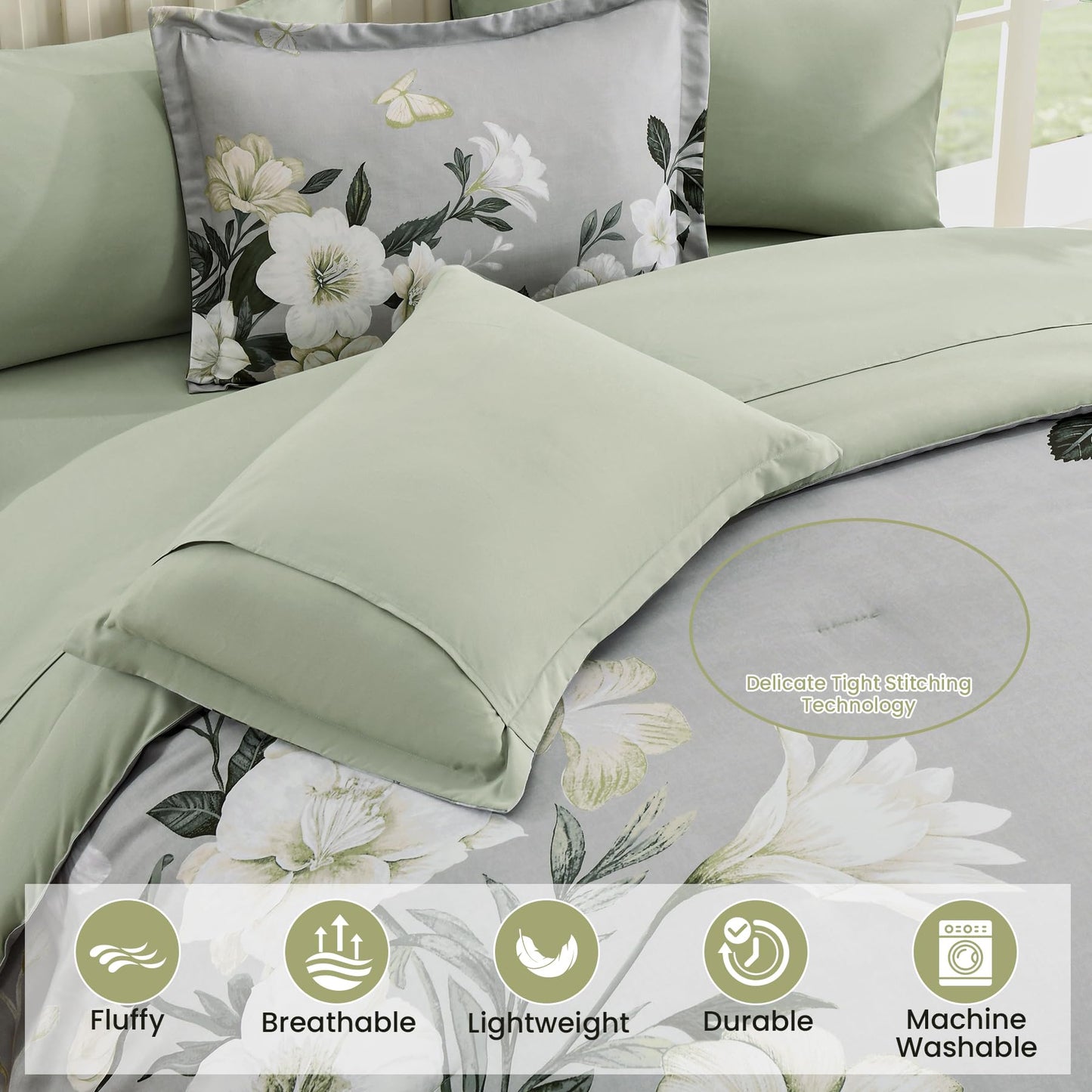 DHSFKBE Floral Comforter Set Queen Size,7 Piece Sage Green Bed in a Bag, Elegant Flower Pattern Comforter Set with Sheet, Soft Microfiber Complete Bedding Sets for All Season