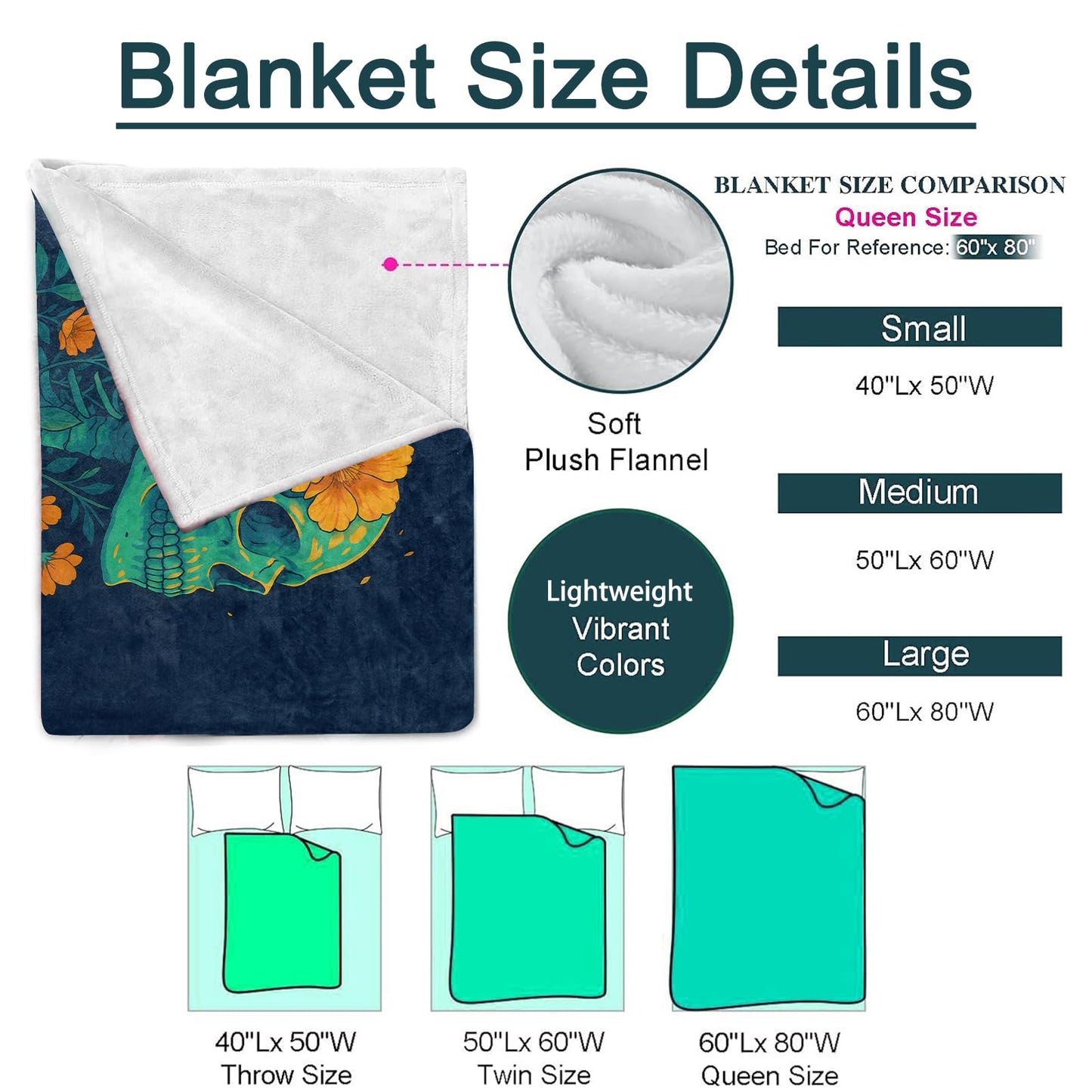 Skeleton Floral Blanket, Flannel Throw Blanket Soft Cozy Lightweight Blankets for Adults Women Kids Home Decor for Sofa Couch Bed 60x50 Inch