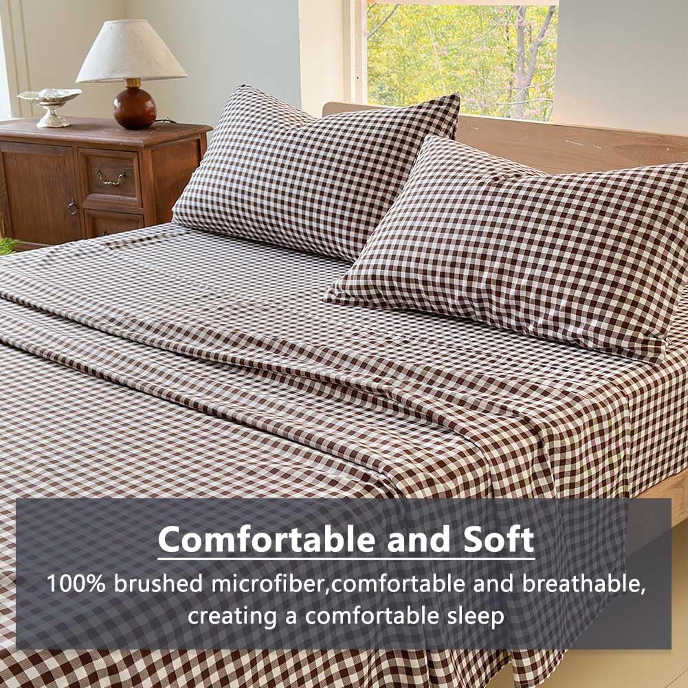 NSNLGSGC Mocha Gingham Full Sheet Set, Coffee Soft Brushed Microfiber Plaid Full Bed Sheets, 4-Pieces Grid Sheet Set with Deep Pocket