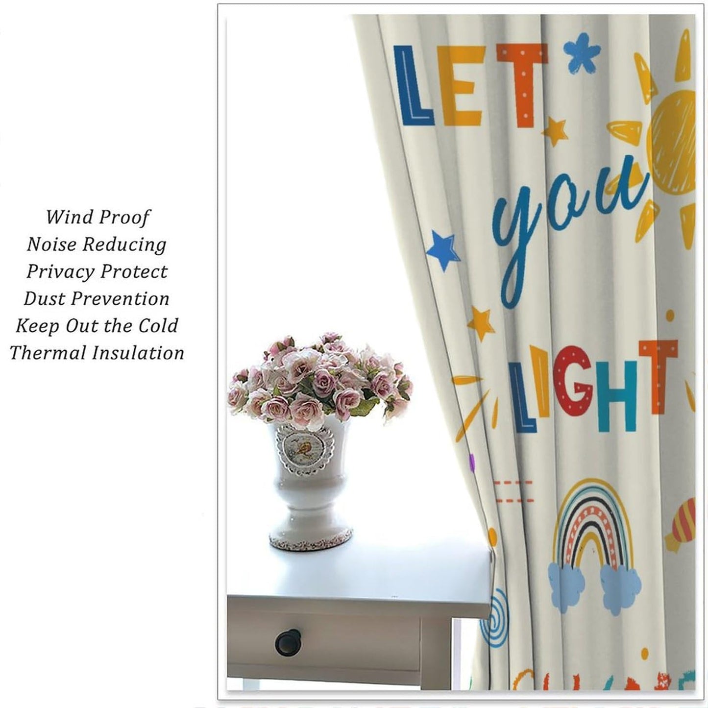 AAVEUP Cartoon Curtains for Kids,Colorful Early Childhood Learning Education Sun Rainbow Stars Cute Quotes Window Drapes for Nursery Boys Girls Bedroom Living Room 42x45in（No Blackout）