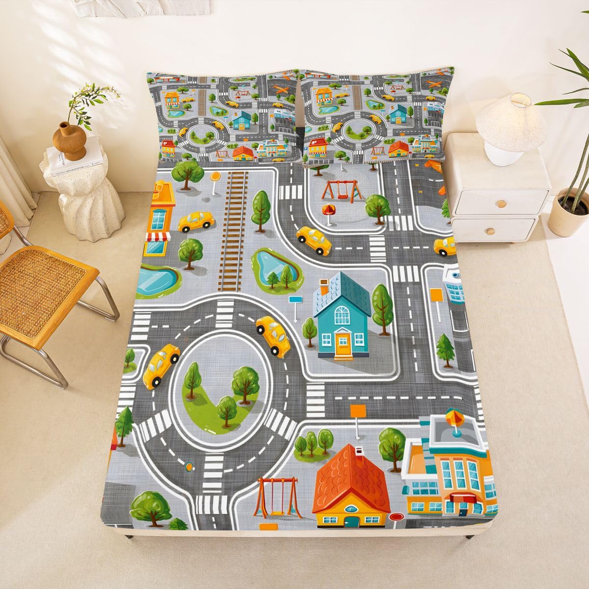 Manfei City Traffic Map Fitted Sheet Set Road Street Car House Bedding Set 3pcs Cartoon Play Interactive Bed Sheet with 2 Pillowcases Kids Room Decor Soft Deep Pocket Bedding(No Flat) Queen Gray White
