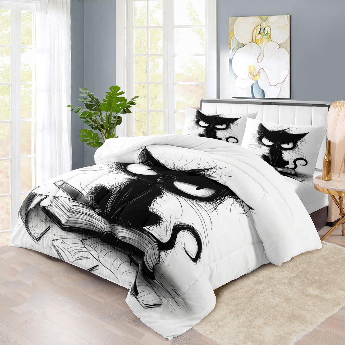 llyxsesty Cute Black Cat Comforter Set King Size Cute Pet Bedding Set Boys Girls White and Black Comforter Cartoon Cat Quilt Animal Bedroom Decor Kawaii Animal Print Bedding Boys Kids