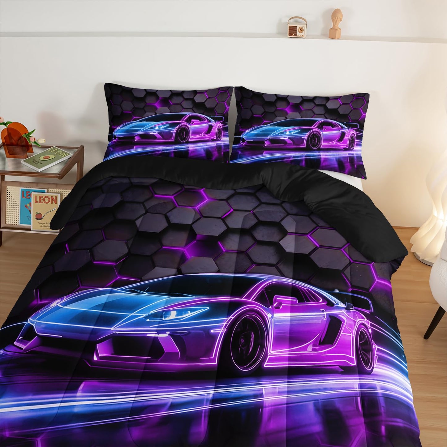 HOSIMA Boys Race Car Queen Bedding Sets,Honeycomb Geometric Background Neon Pattern Cool Extreme Sports Bedding for Kids Men Car Room Decor,Gaming Comforter with 2 Pillowcases.