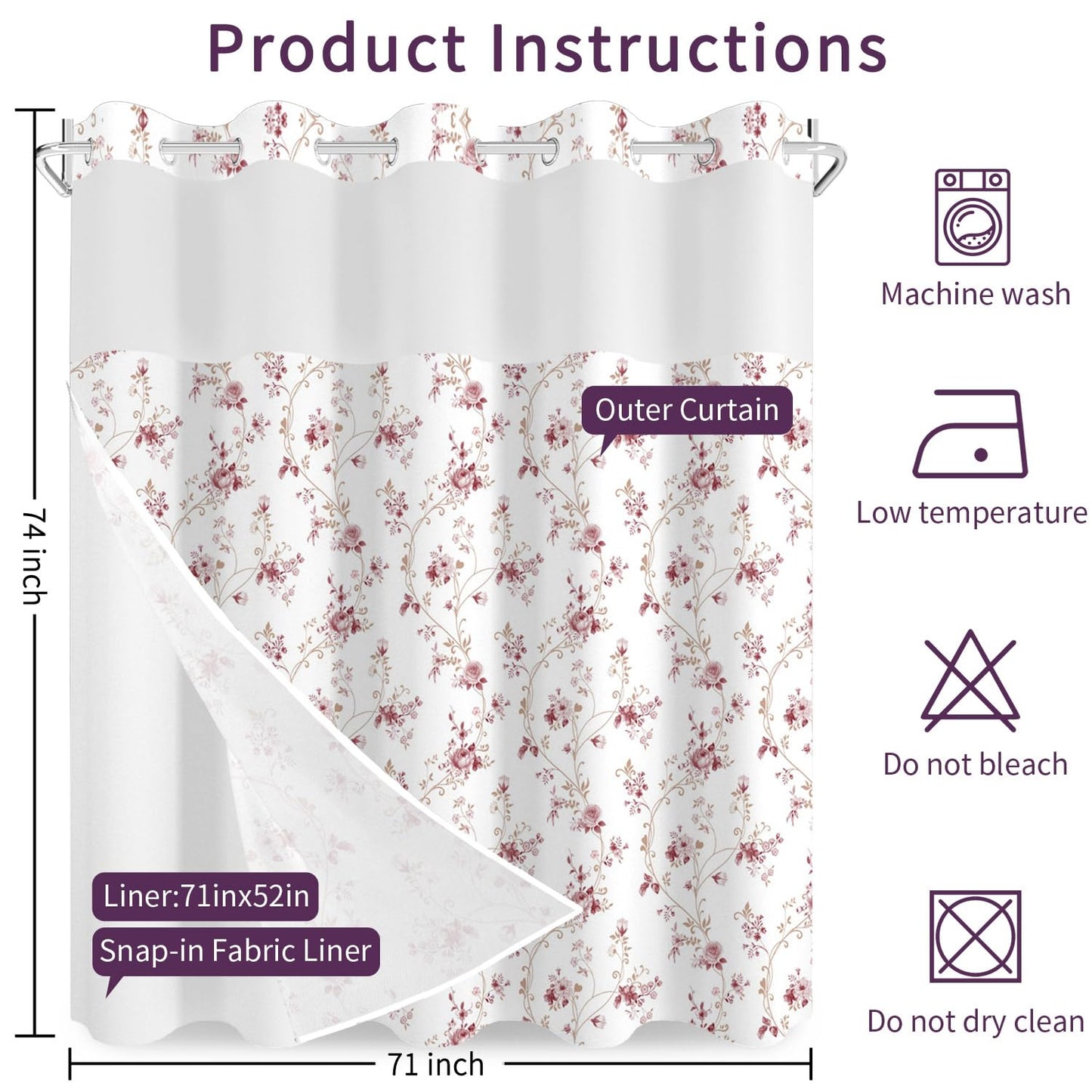 NAEMBCU Boho Floral No Hook Shower Curtain with Snap in Liner Set 71x74 in