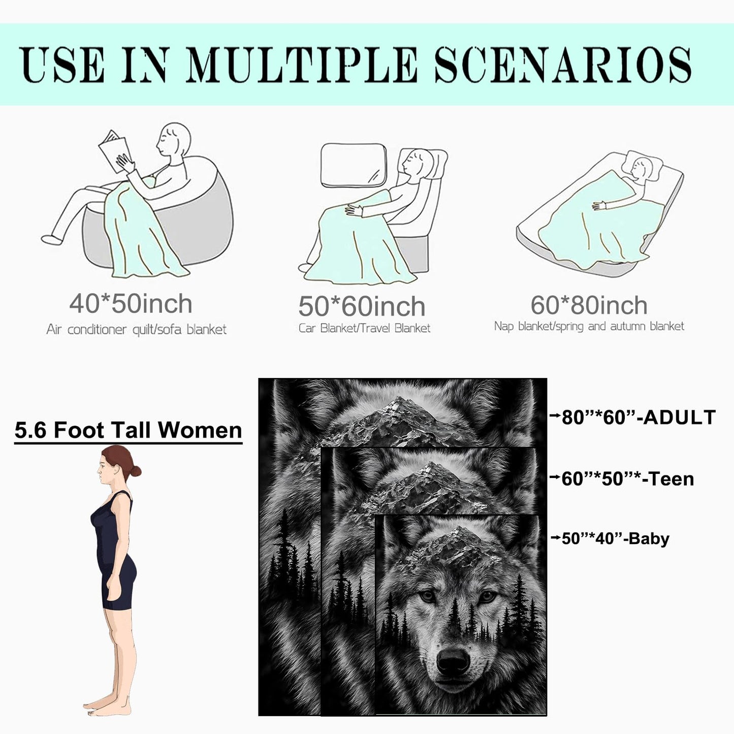 coedoaes Wolf Mountain Forest Fleece Blanket,50x60in,Black White Art Wild Animal Nature Landscape Throw Blankets,Soft Cozy Lightweight, Ideal for Bed Living Room Home Decor,Men Gifts