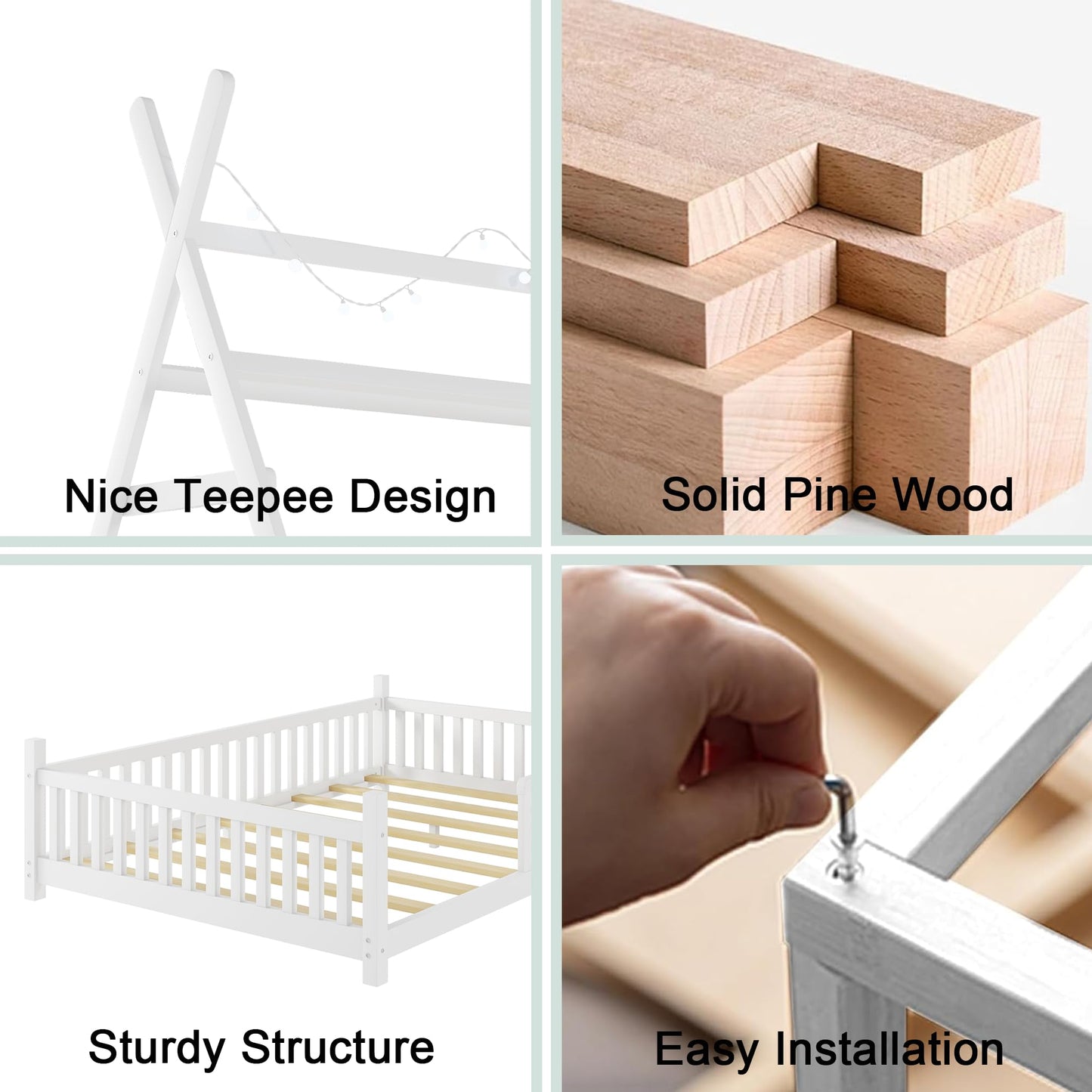 MoproBeti Montessori Bed Full Size with Light and Slats, Wood Teepee Floor Bed for Kids Boys Girls,House Bed Frame with Rails & Roof,No Box Spring Needed, White