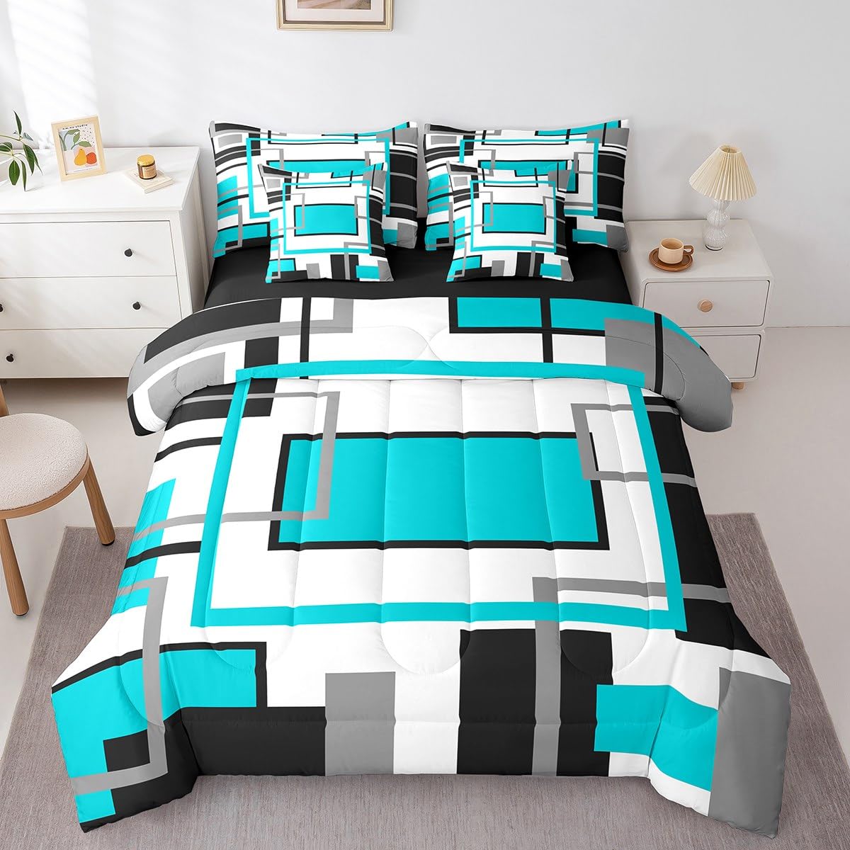 Erosebridal 7Pcs Teal Black White Geometric Abstract Twin Size Comforter Set,Modern Square Striped Bed in A Bag,Boho Bedding,Minimalist Contemporary Art Aesthetic Quilt Set with Pillowcases