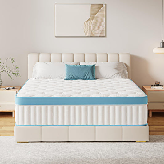 Mroreom Full Size Mattress, 12 Inch Hybrid Mattress in a Box – Memory Foam with Pocket Springs, Cooling Gel, Pressure Relief, Motion Isolation, CertiPUR-US Certified, Medium Firm,Blue