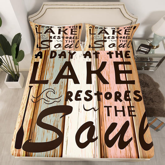 Lake Theme Kids Fitted Sheet Twin Size,Outdoor Adventure Camping Lake House Fishing Bedding Set,Boys Girls Room Decor,Retro Woode Plank Rustic Bed Cover,Brown Bed Sheet,1 Pillowcase(No Top Sheet)