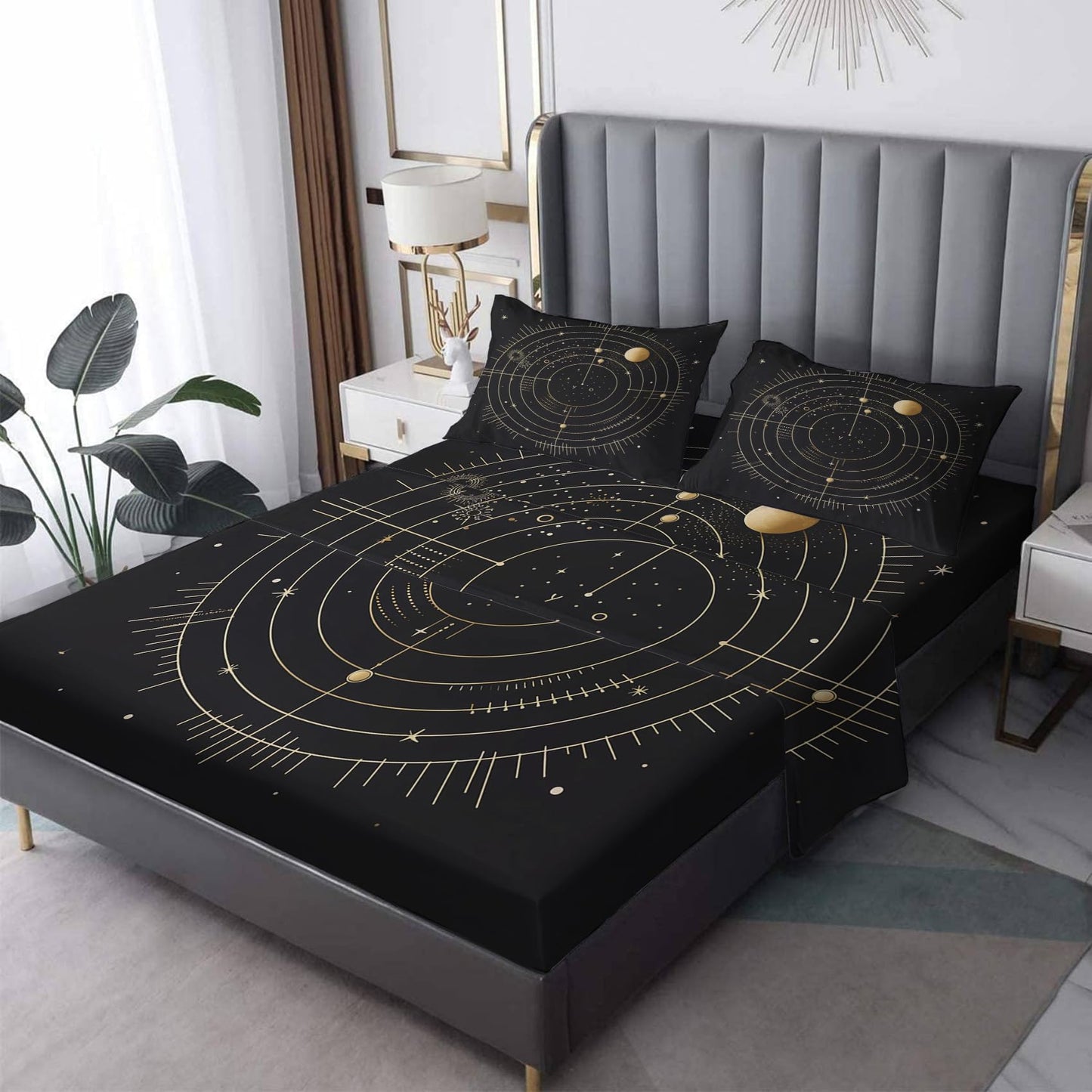 THYUNQ Celestial Split King Sheets Sets for Adjustable Bed, Astrology Moon Stars Pattern Sheet Set - 16 Inch Deep Pocket, Super Soft Microfiber Printed Bedding Sheets & Pillowcases 5 Piece