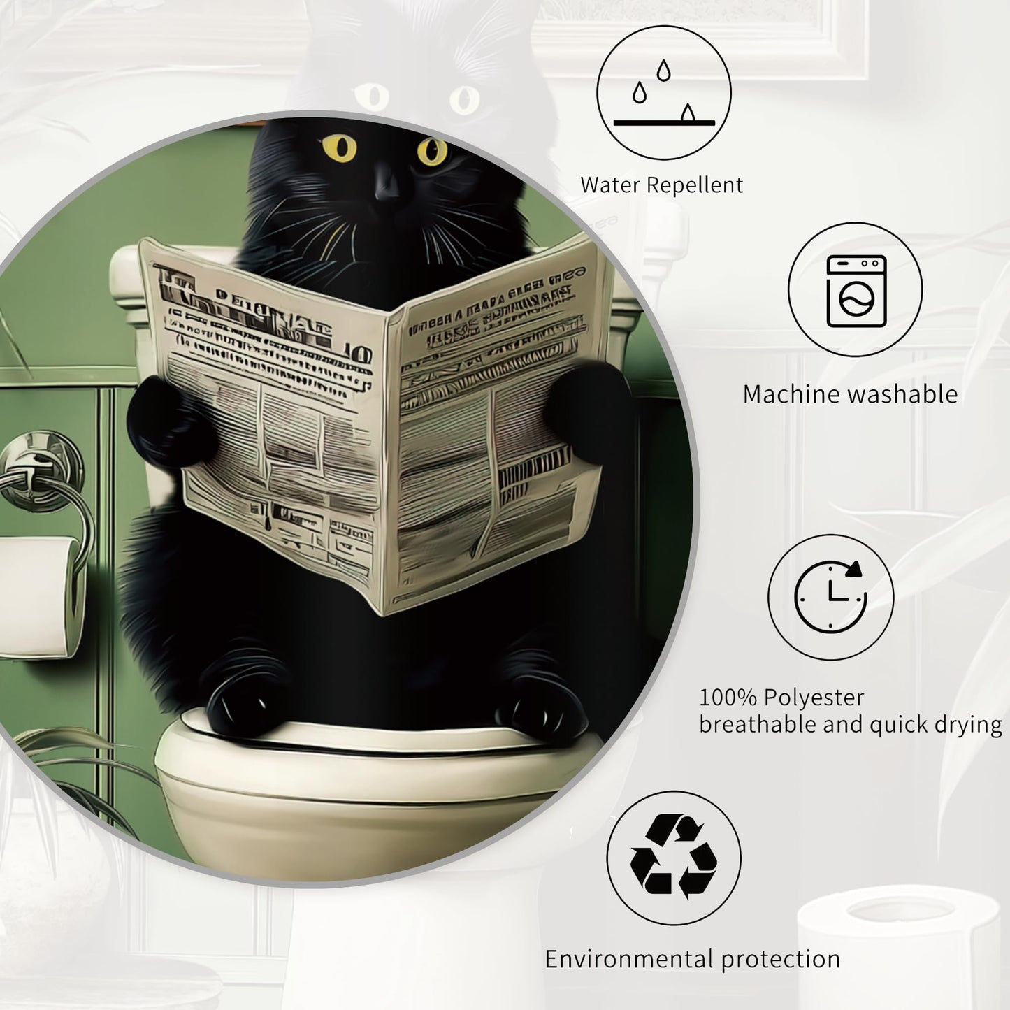Miyotaa Black Cat Shower Curtain Set 60Wx71H Inches Funny Retro Reading Newspaper Green Plant Pet Vintage Botanical Waterproof Bathroom Curtain with 12 Hooks