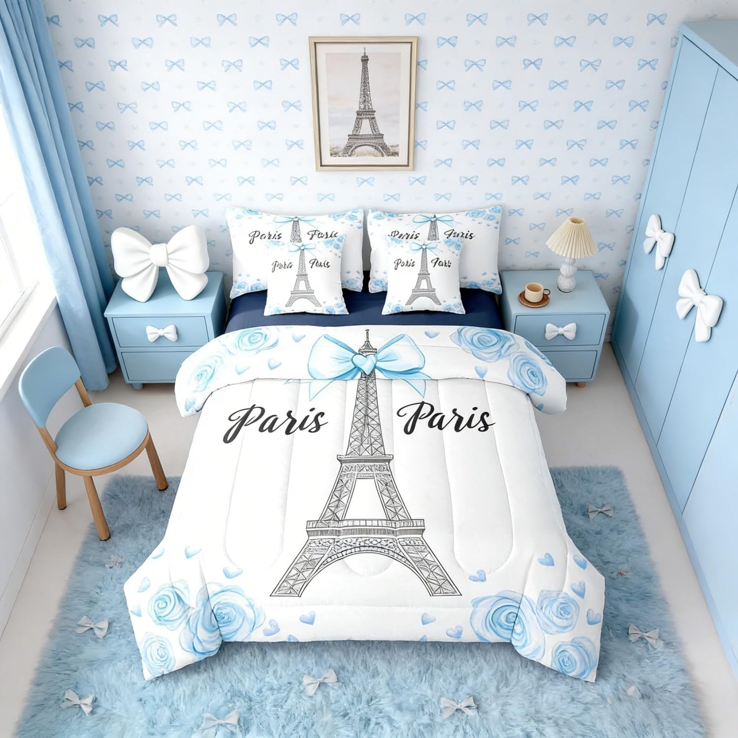 Erosebridal Blue Bow Tie Twin Bedding Sets for Girls Eiffel Tower 7 Piece Comforter Set with Sheets Rose Romantic Paris France Bed in A Bag Princess Bowknot Bed Set