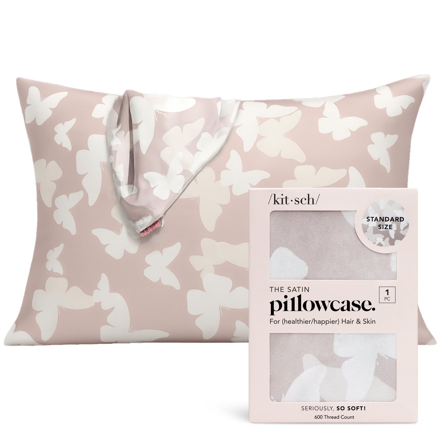 Kitsch Satin Pillowcase with Zipper for Hair & Skin - Softer Than Silk Pillow Cases, Cooling Satin Pillow Case, Wrinkle-Free, Machine Washable, Pillow Cases Standard Size 19x26 - Champagne Butterfly