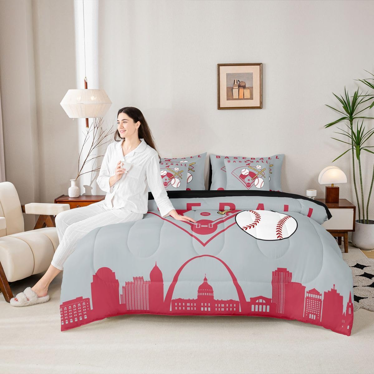 Erosebridal Teens Baseball Full 7 Piece Bedding Set Sporta Games Bed in A Bag City Building Silhouette Comforter Set for Kids Boys Youth Men Bedroom Decor Baseball Bat Sheet Sets