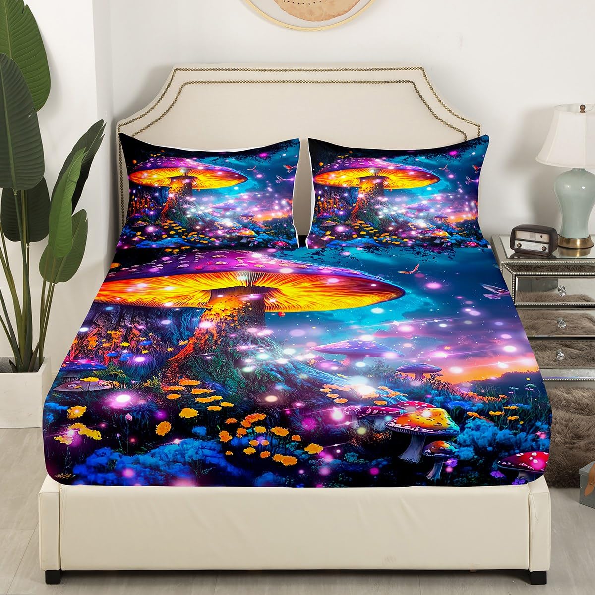 Feelyou Cute Mushroom Decor Bed Sheets Set Dreamy Mushrooms Sheet Set for Kids Boys Girls Teens Colourful Fungus Sheets with Deep Pocket Fitted Sheet Queen Size Wild Mushroom Stuff Bedding Set 4Pcs