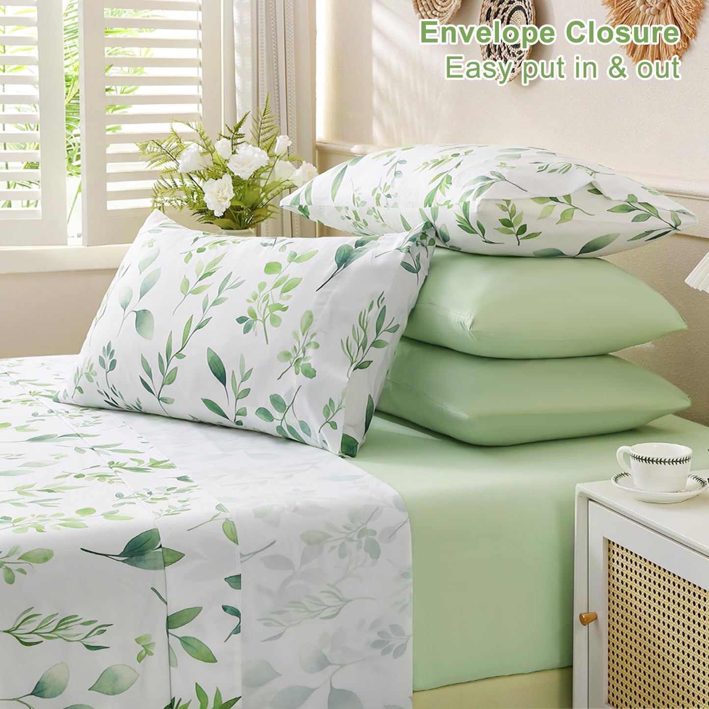 Botanical 6-Piece Queen Bed Sheets Set, Boho Floral Print Brushed Microfiber Sheets, Cooling Bed Sheet Set, Ultra Soft & Breathable, 16' Deep Pocket Fitted Sheet & Pillowcase Set, Sage Green Leaves