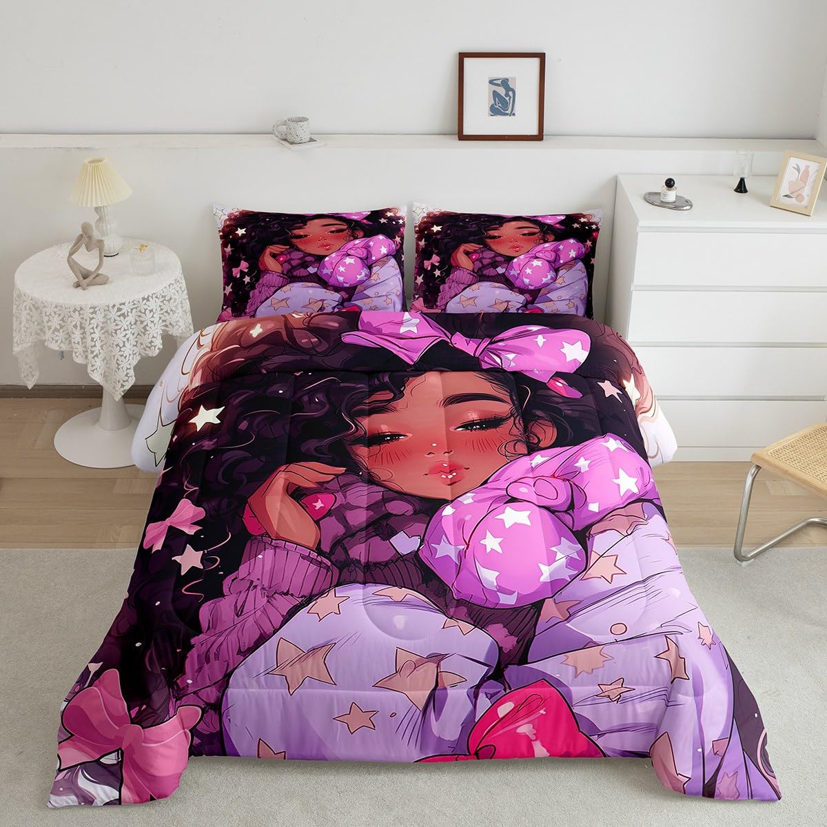 Erosebridal Black Girls Bedding Set Afro Girl Twin Comforter Set for Girls,American African Princess Magical Quilt for Toddler Kids Teenager,Pink Purple Cute Room Decor