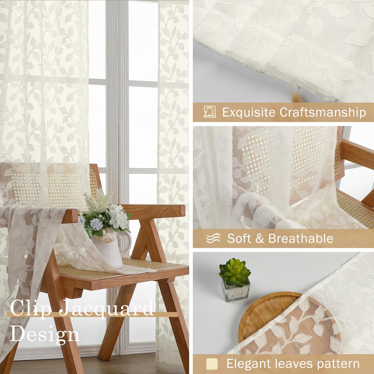 Chyhomenyc Ivory Sheer Curtains 84 Inch Length 2 Panels Set, Light Filtering Tufted Textured Soft Airy Rod Pocket Gentle Leaf Window Treatment Drapes for Bedroom Living Room, 42" Wx84 L, 2PCS