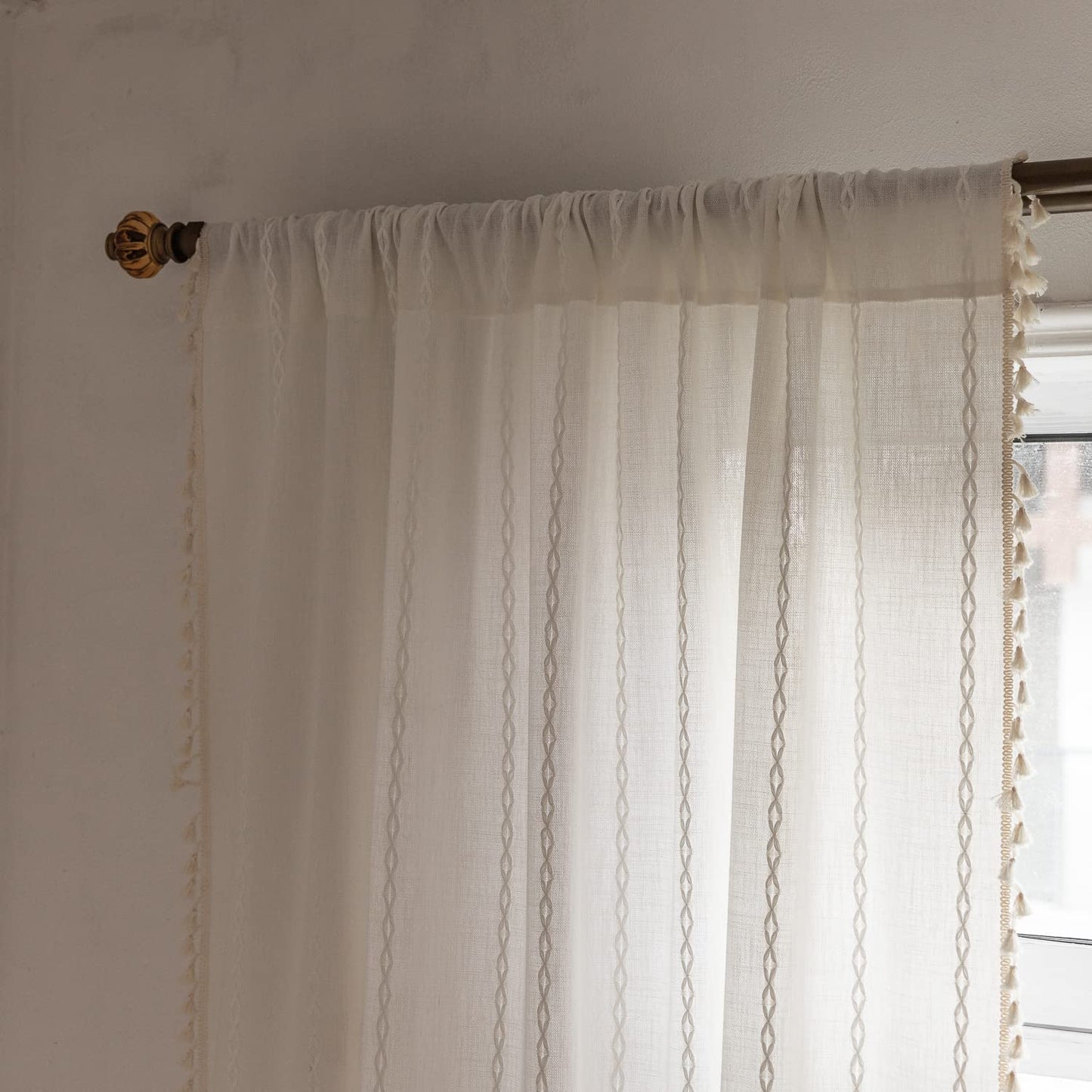 BCLBUSTE Boho Curtains Semi-Blackout 84 Inch 2 Panels for Living Room, Linen Tassels Farmhouse Curtains with Embroidery for Bedroom Rod Pocket Draperies 52" W x 84" L, Off White