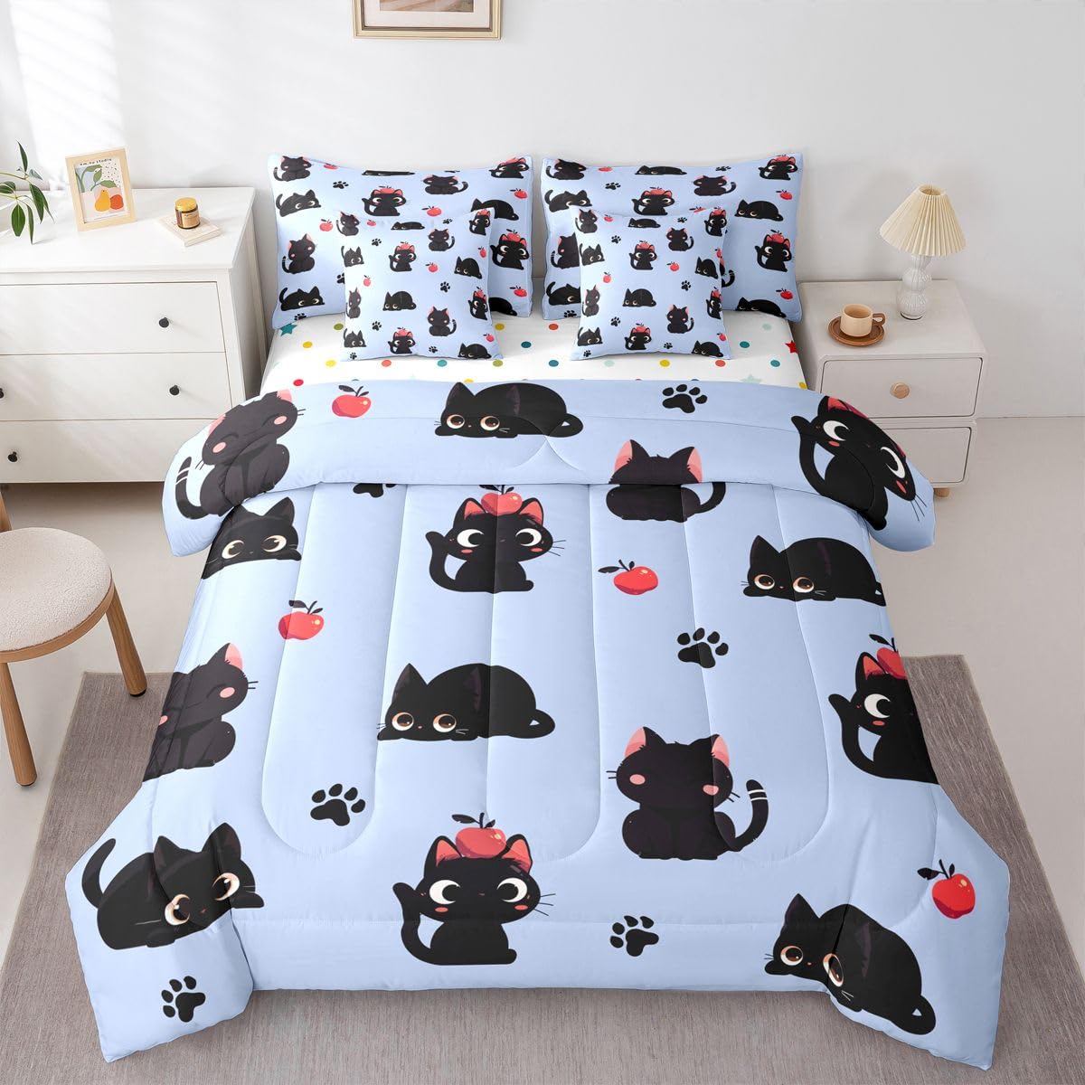 Erosebridal Cute Black Cats 7-Piece Bedding Set Full Size for Kids Girls Teens - Cartoon Black Cats Bed in a Bag Lovely Cat Paw Print Comforter Set with Sheets Kawaii Animal Cat Duvet Insert