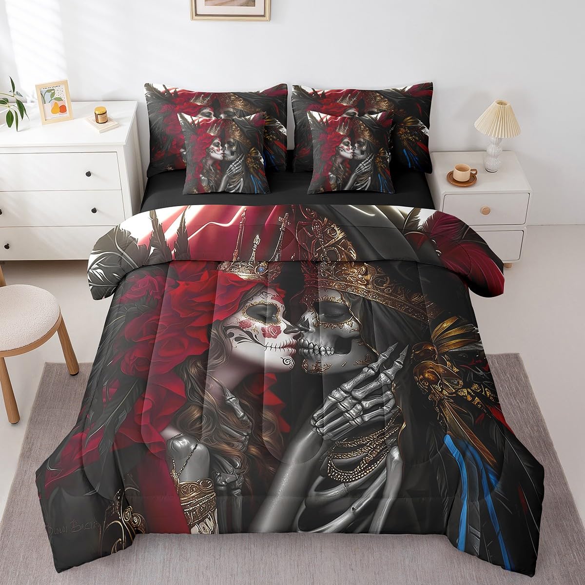 Erosebridal Gothic Skull Bedding Set King Size,Ethnic Tribes Love Comforter Set,Valentine's Day (Comforter+Fitted+Flat Sheet+2 Pillowcases+2 Throw Pillow Covers) 7 Pieces Rose Crown Couple Bed Set