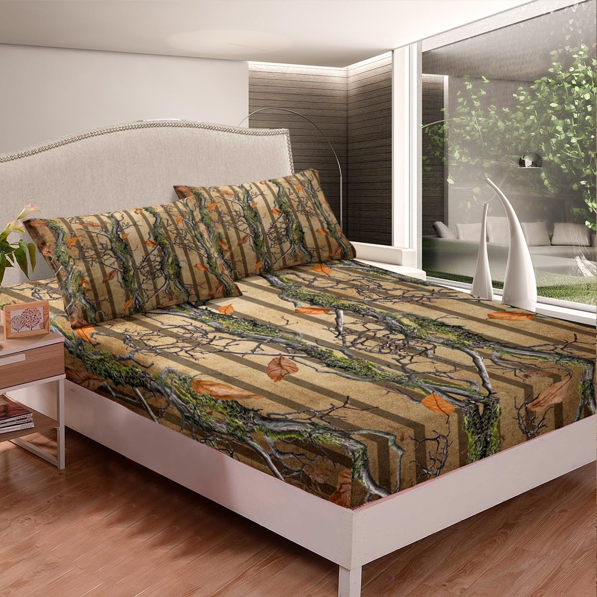 Tree Branches Kids Fitted Sheet Twin Size,Wild Jungle Botanical Leaves Rustic Bedding Set,Boys Girls Room Decor,Hunter Cabin Geometric Stripes Bed Cover,Brown Bed Sheet,1 Pillowcase(No Top Sheet)