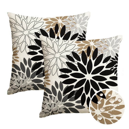 AVOIN colorlife Dahlia Flowers Black and Brown Waterproof Outdoor Throw Pillow Covers, 18 x 18 Inch Outdoor Summer Cushion Case Decoration for Patio Garden Porch Set of 2