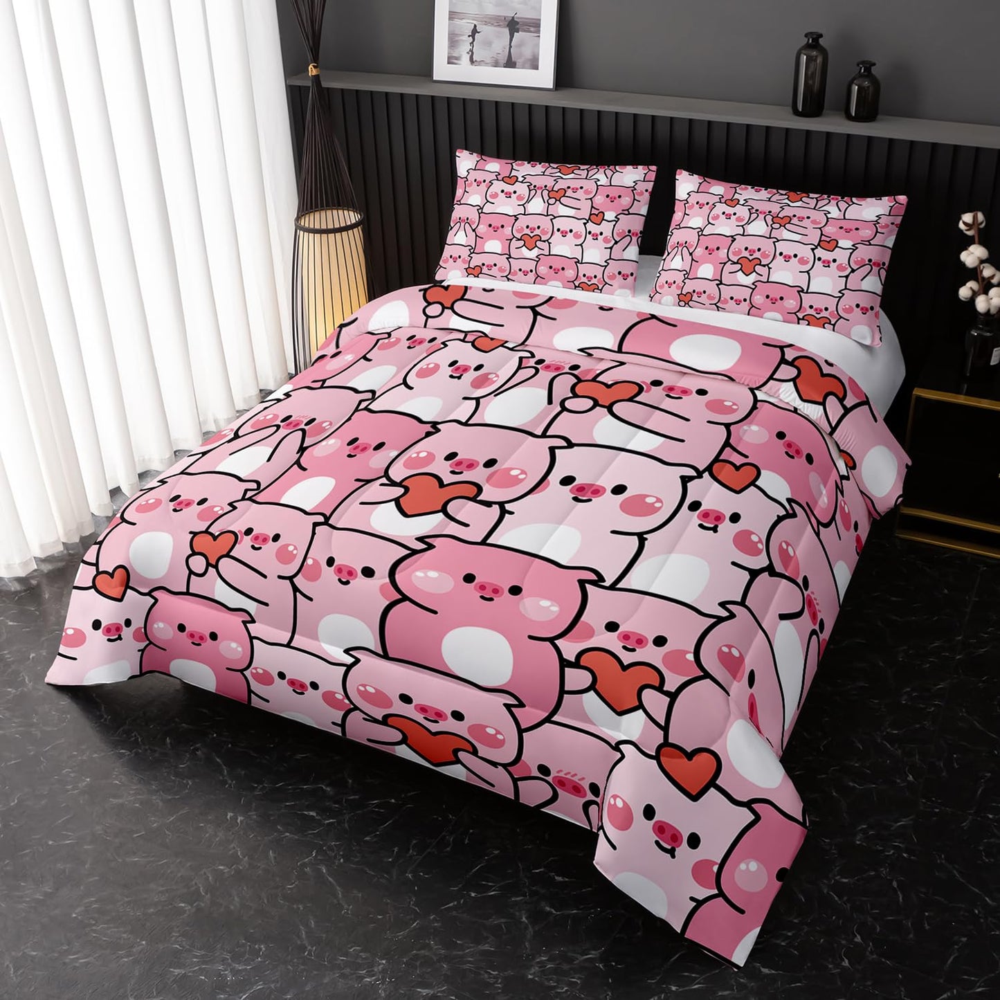 Pink Pig Comforter Set Twin，Kawaii Pink Cute Animals Bedding Set for Kids Boys Girls Teens Room Decor Kawaii Animals Comforter Set Farmhouse Wildlife Theme Bedroom Living Room Decor，All Season