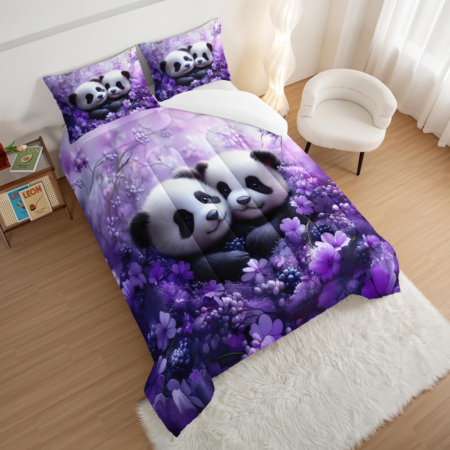 HOSIMA Panda Queen Bedding Sets for Girls Room Decor,Pandas Hugging Each Other in Flowers Field Printed Animal Bedding for Kids Boys,Fluffy Cute Comforter with 2 Pillowcases.