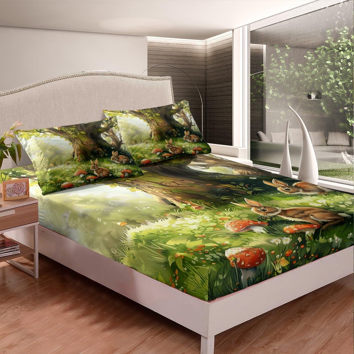 Castle Fairy Rabbit Bed Sheets Full Size,Red Mushroom Fitted Sheet for Kids Girls Boys Teens Room Decor,Wild Animals Plants Bedding Sets 4Pcs,Cartoon Nature Garden Top Flat Sheet,2 Pillowcases