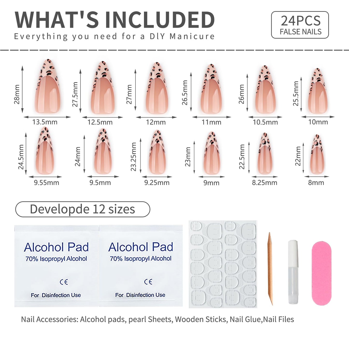 Mivota Leopard French Press On Nails 24pcs, Medium Stiletto Nude Fake Nails with Leopard Print Tips, Glossy Acrylic False Nails, Reusable Stick On Nails Kit for Women Girls Manicure
