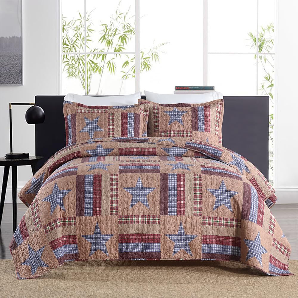 VISIMISI Cotton Bedding Quilt Sets Reversible Coverlet Sets All Season Brown Bedspread, Mediterranean Star Pattern, Queen Size