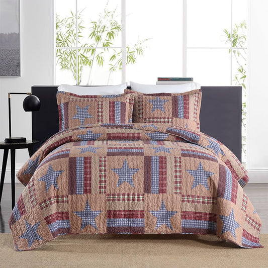 VISIMISI Cotton Bedding Quilt Sets Reversible Coverlet Sets All Season Brown Bedspread, Mediterranean Star Pattern, Queen Size