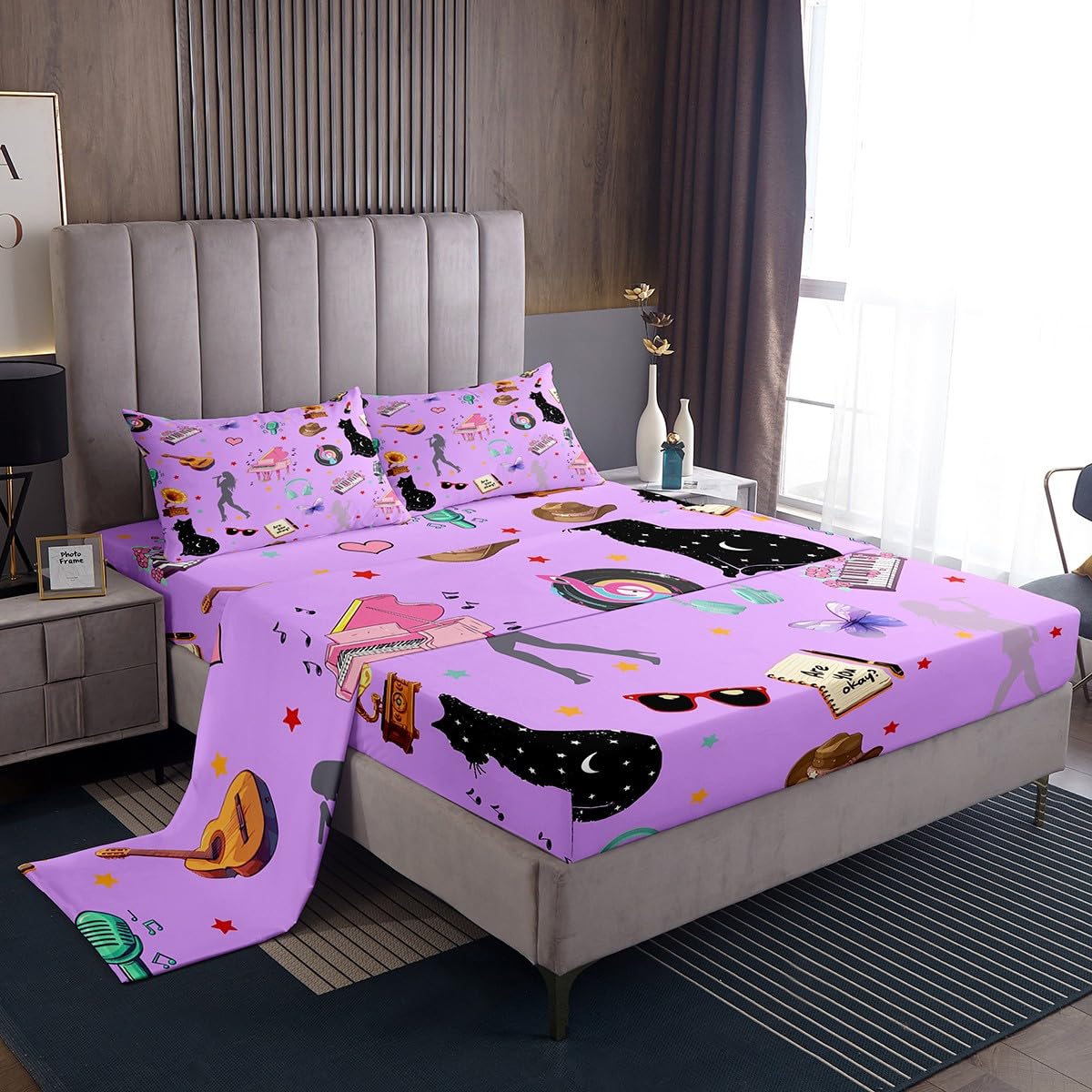 Erosebridal Romantic Purple Sheet Set King Music Themed Bed Sheets Set Black Cat Sheets Butterfly Stars Print Flat Fitted Sheet Modern Fashion Music Gift for Women Girls